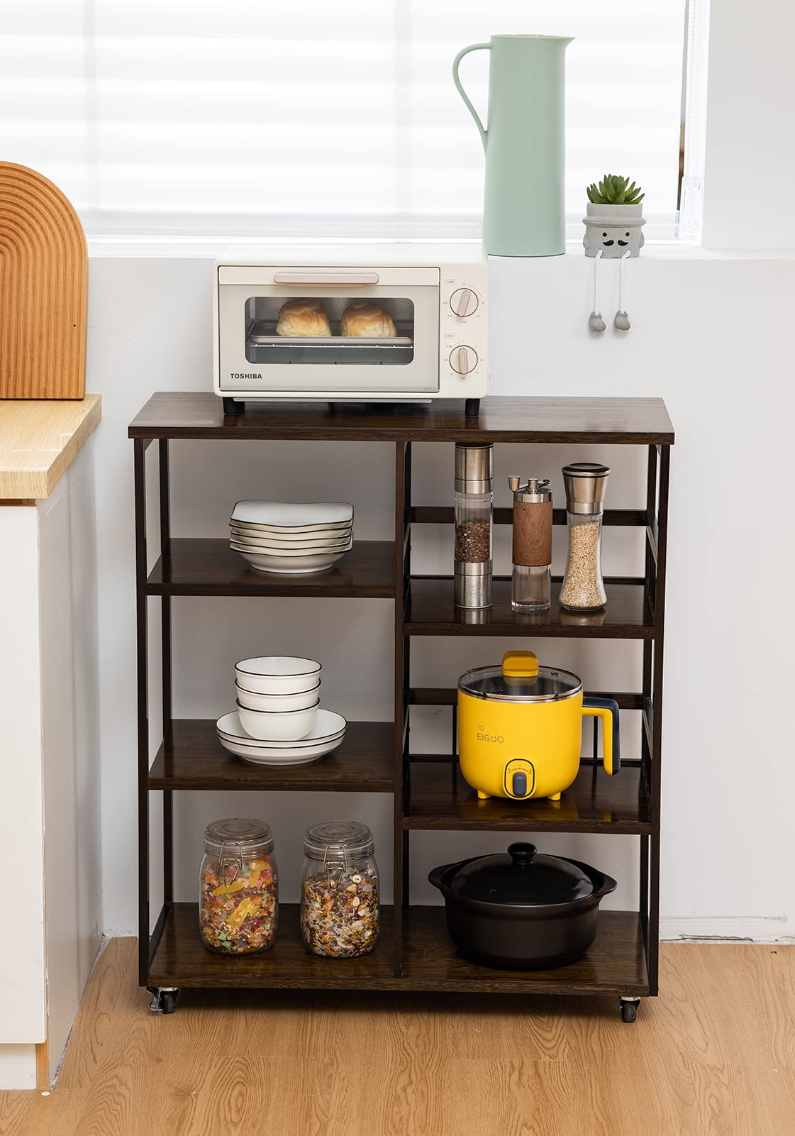 Bamboo Kitchen Baker’s Rack,4-Tier+4-Tier Coffee Bar, Microwave Oven Stand, Large Capacity Utility Storage Shelf Cart on Wheels for Home Kitchen, Living Room and Entrance, Accent (Dark Brown)