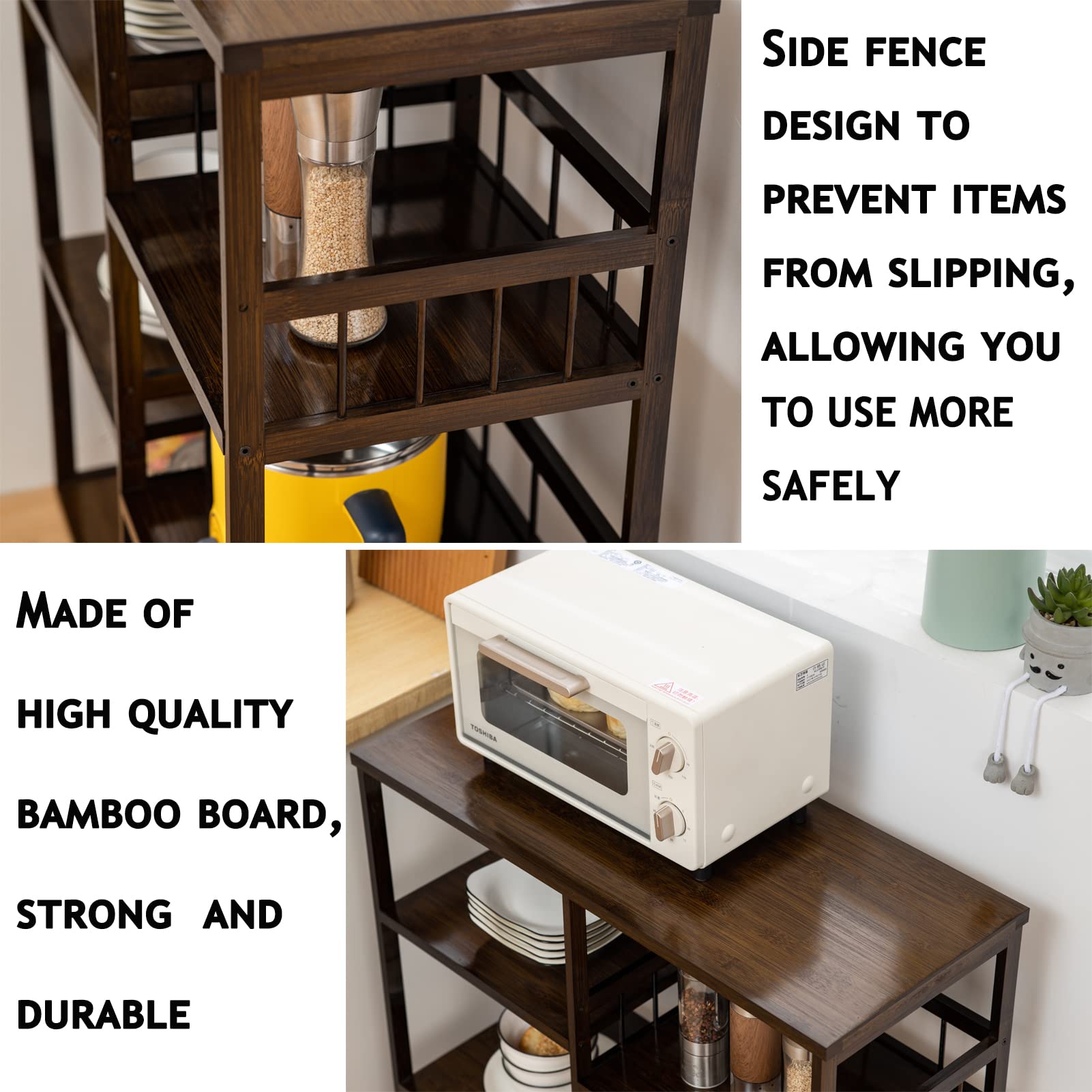 Bamboo Kitchen Baker’s Rack,4-Tier+4-Tier Coffee Bar, Microwave Oven Stand, Large Capacity Utility Storage Shelf Cart on Wheels for Home Kitchen, Living Room and Entrance, Accent (Dark Brown)