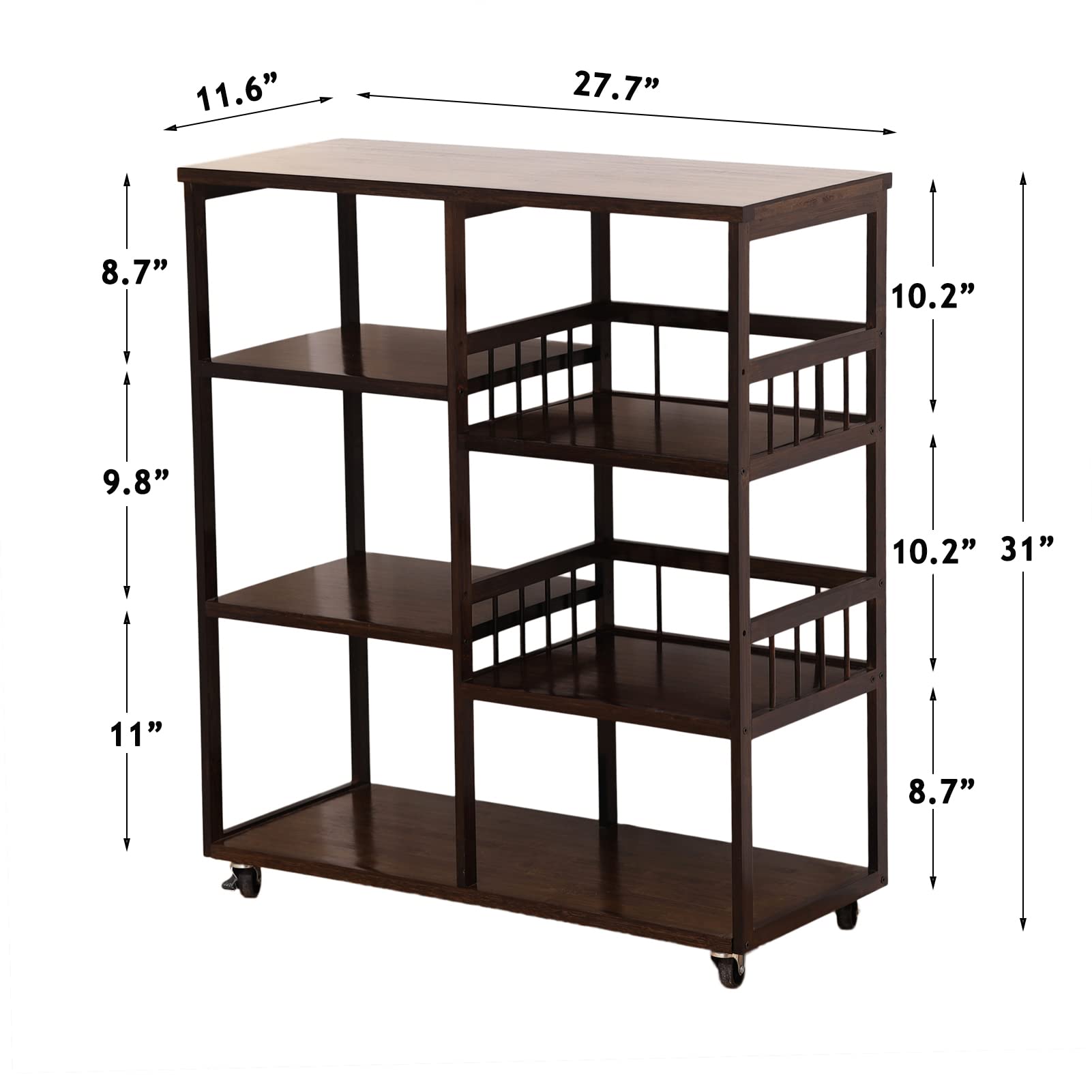 Bamboo Kitchen Baker’s Rack,4-Tier+4-Tier Coffee Bar, Microwave Oven Stand, Large Capacity Utility Storage Shelf Cart on Wheels for Home Kitchen, Living Room and Entrance, Accent (Dark Brown)