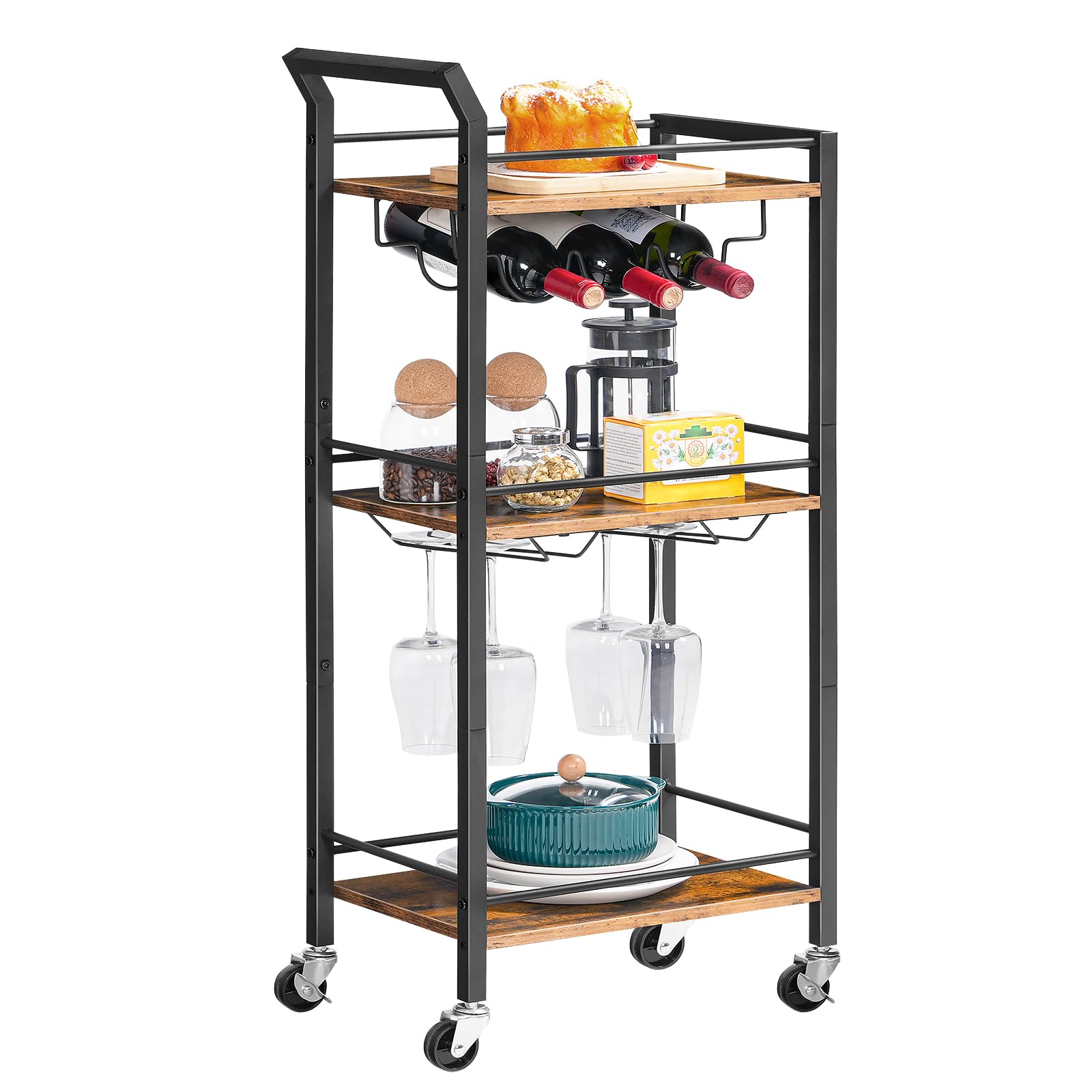 HOOBRO Bar Cart, Home Bar Serving Cart with 3-Tier Mirrored Shelf, Microwave Cart, Drink Cart, Mobile Kitchen Shelf with Wine Rack, Rolling Beverage Cart, Rustic Brown and Black BF38TC01