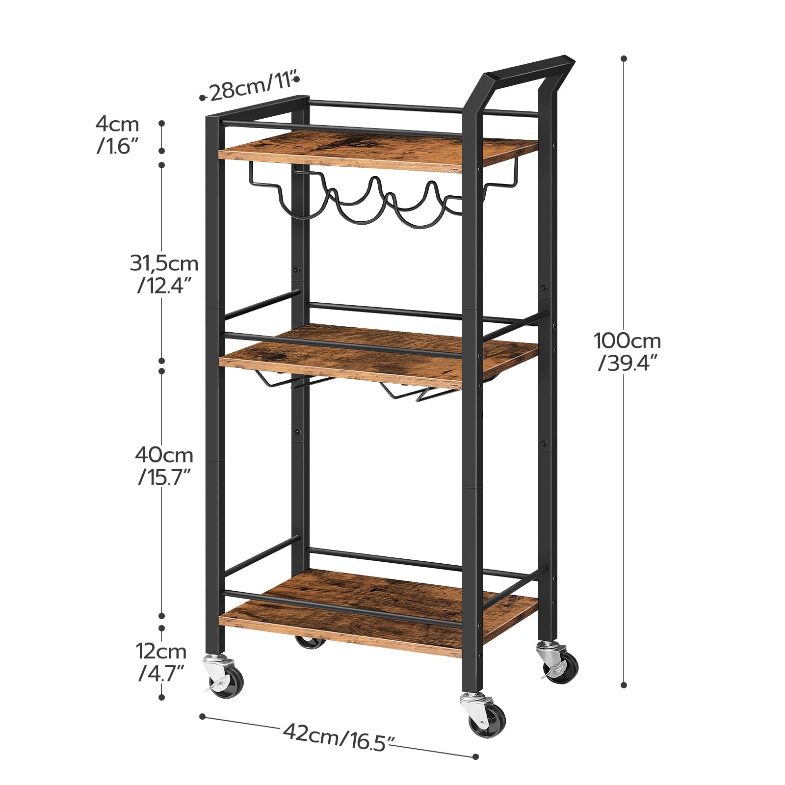 HOOBRO Bar Cart, Home Bar Serving Cart with 3-Tier Mirrored Shelf, Microwave Cart, Drink Cart, Mobile Kitchen Shelf with Wine Rack, Rolling Beverage Cart, Rustic Brown and Black BF38TC01