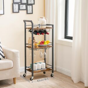 HOOBRO Bar Cart, Home Bar Serving Cart with 3-Tier Mirrored Shelf, Microwave Cart, Drink Cart, Mobile Kitchen Shelf with Wine Rack, Rolling Beverage Cart, Rustic Brown and Black BF38TC01