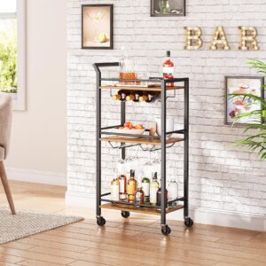 HOOBRO Bar Cart, Home Bar Serving Cart with 3-Tier Mirrored Shelf, Microwave Cart, Drink Cart, Mobile Kitchen Shelf with Wine Rack, Rolling Beverage Cart, Rustic Brown and Black BF38TC01