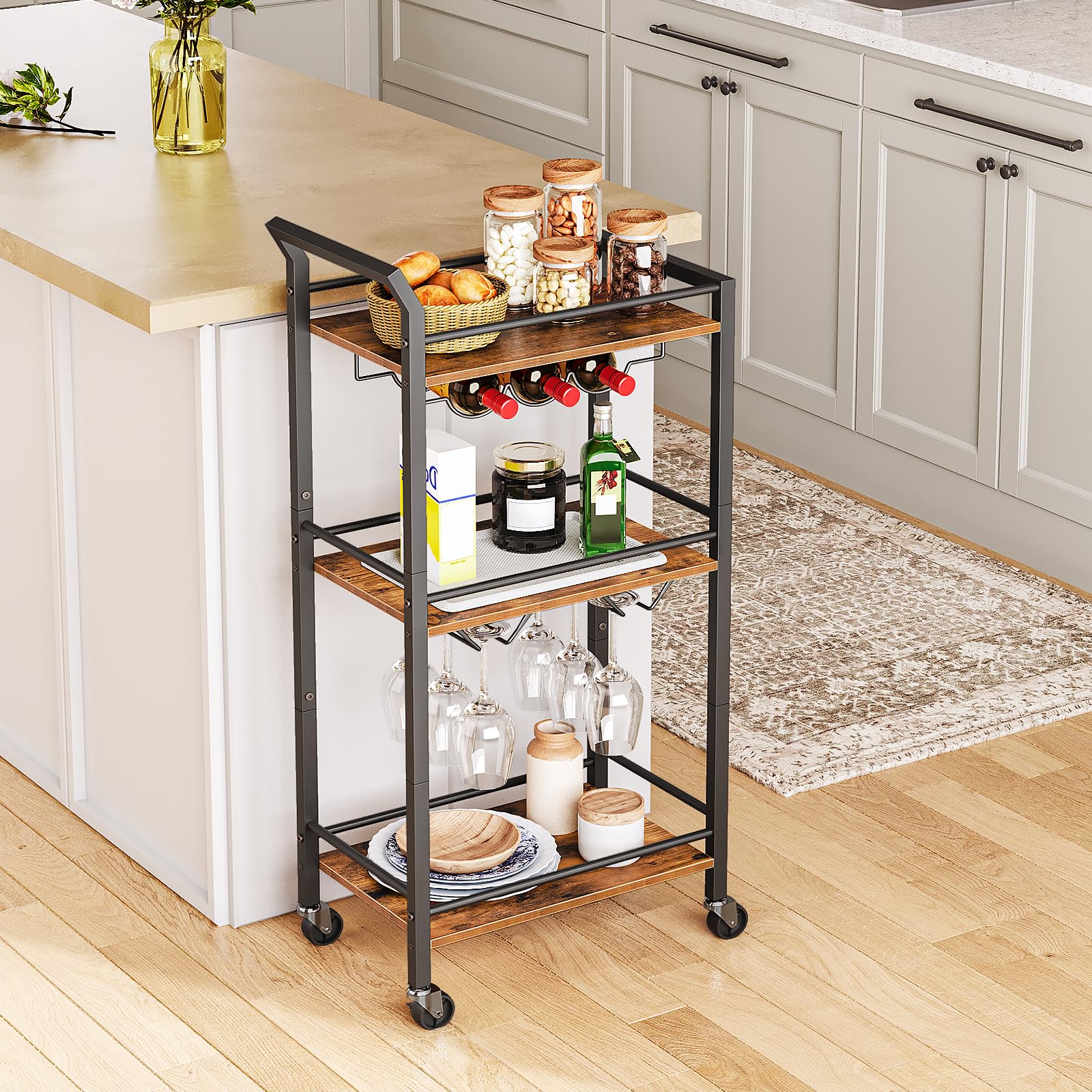 HOOBRO Bar Cart, Home Bar Serving Cart with 3-Tier Mirrored Shelf, Microwave Cart, Drink Cart, Mobile Kitchen Shelf with Wine Rack, Rolling Beverage Cart, Rustic Brown and Black BF38TC01