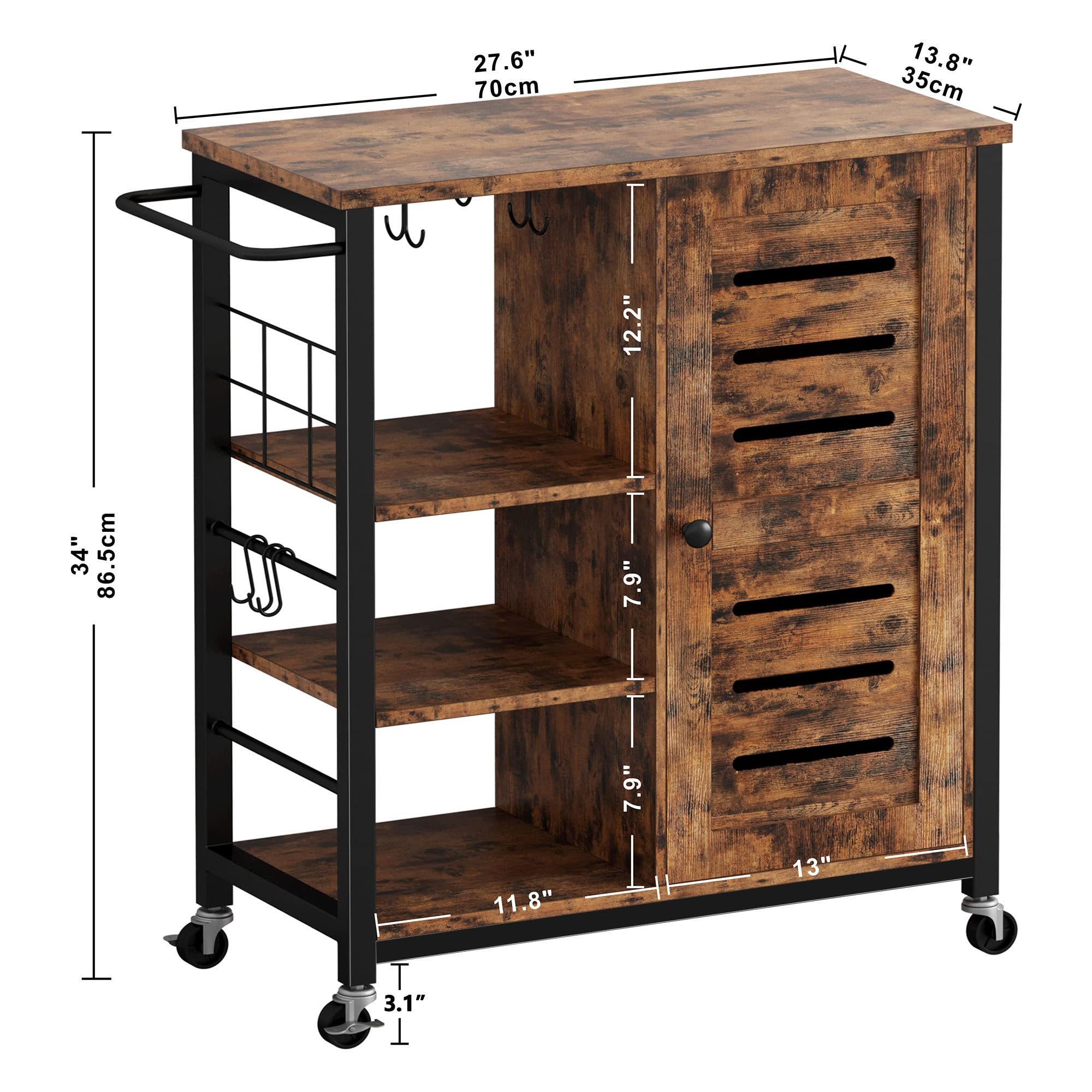 IRONCK Storage Cabinet with Wheels, Multipurpose Kitchen Cart Cabinet with Shelves,Removable Cart Handle Cup Hook, Cupboard for Kitchen, Living Room, Industrial, Vintage Brown