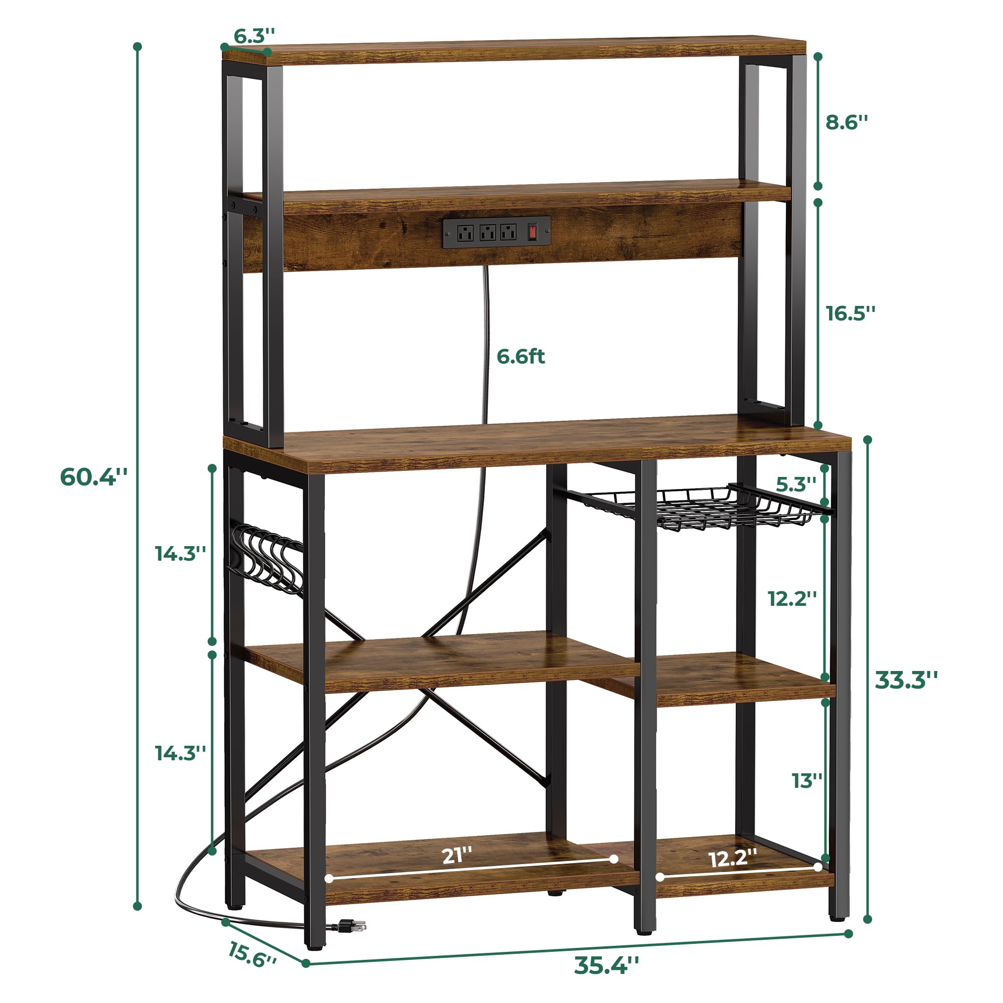 SUPERJARE Bakers Rack with Power Outlet, 35.4 Inches Coffee Bar with Wire Basket, Kitchen Microwave Stand with 6 S-Shaped Hooks, Open Storage Shelves, Rustic Brown