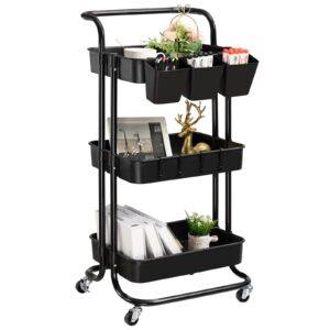 danpinera 3 tier rolling utility cart with lockable wheels & hanging cups & hooks storage organization shelves for kitchen, bathroom, office, library, coffee bar trolley service cart (black)