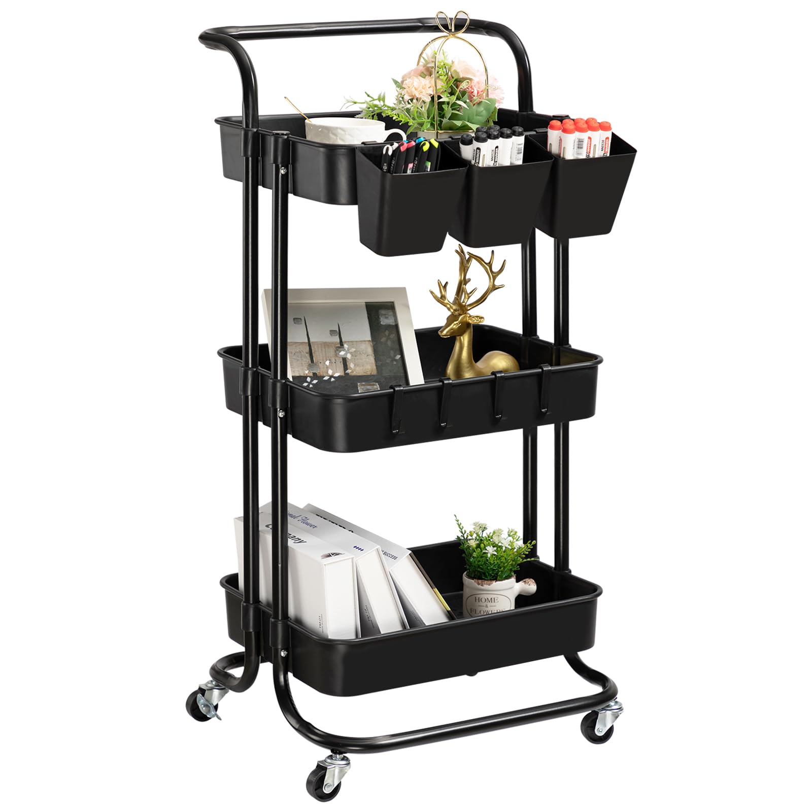 danpinera 3 Tier Rolling Utility Cart with Lockable Wheels & Hanging Cups & Hooks Storage Organization Shelves for Kitchen, Bathroom, Office, Library, Coffee Bar Trolley Service Cart (Black)