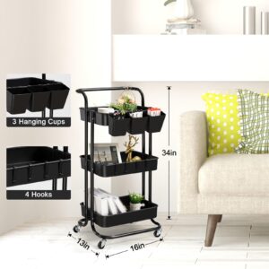 danpinera 3 Tier Rolling Utility Cart with Lockable Wheels & Hanging Cups & Hooks Storage Organization Shelves for Kitchen, Bathroom, Office, Library, Coffee Bar Trolley Service Cart (Black)