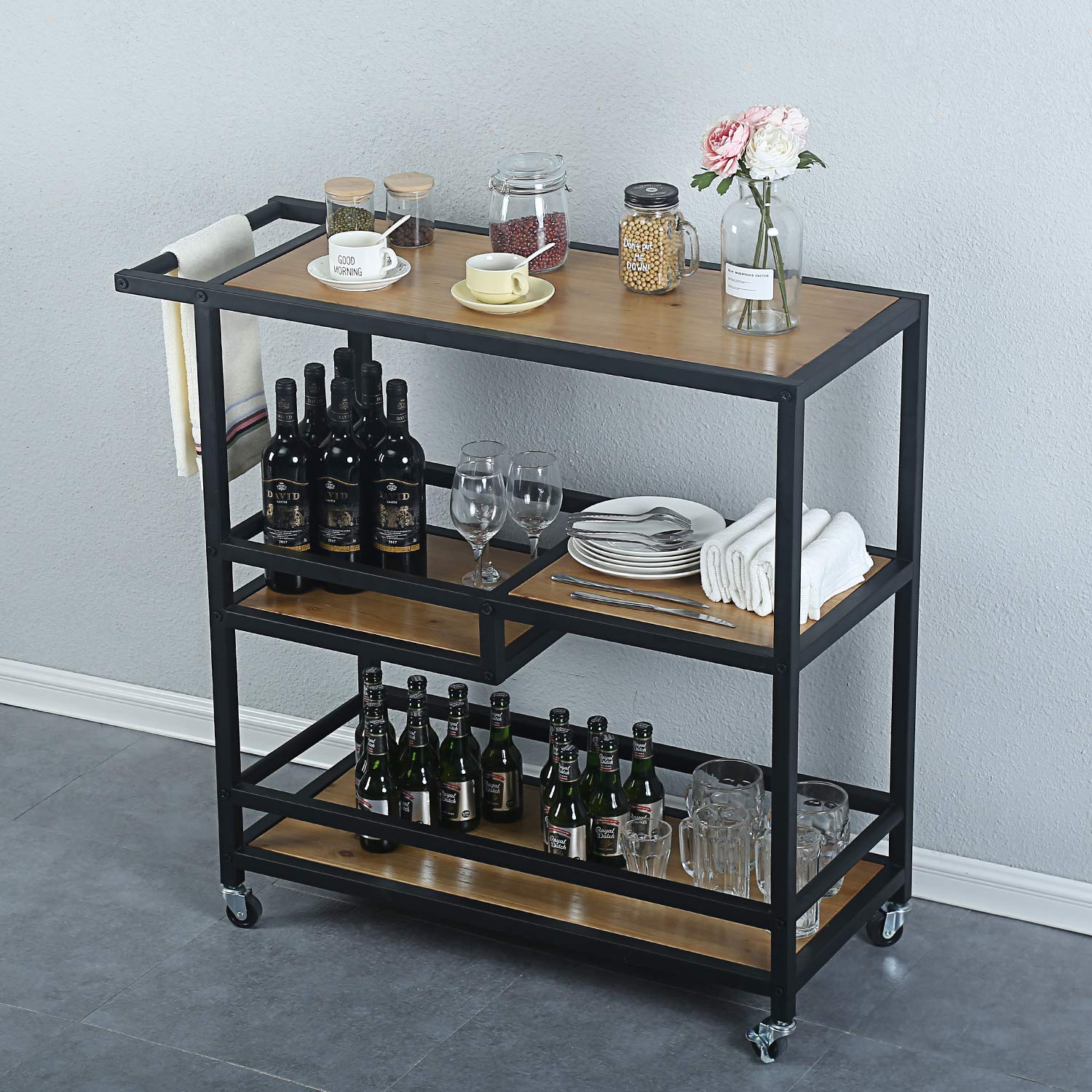 Bar and Serving Cart Industrial & Modern Rustic Rolling Bar and Serving Cart,3-Tiered Wood & Metal Kitchen Bar Cart Island with Wheels,Move Storage Coffee/Wine Island Shelf,Black