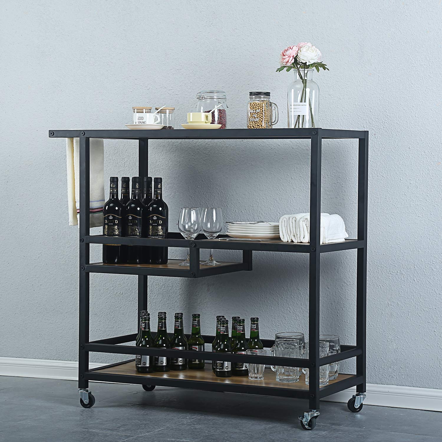 Bar and Serving Cart Industrial & Modern Rustic Rolling Bar and Serving Cart,3-Tiered Wood & Metal Kitchen Bar Cart Island with Wheels,Move Storage Coffee/Wine Island Shelf,Black