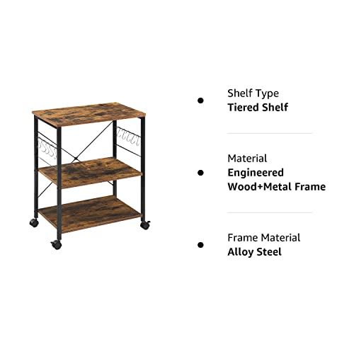 Mr IRONSTONE Baker's Rack, Kitchen Microwave Cart, Coffee Bar Table Station, 3-Tier Kitchen Utility Storage Shelf with Rolling Wheels Coffee Cart Kitchen Microwave Stand with 10 Hooks, Rustic Brown