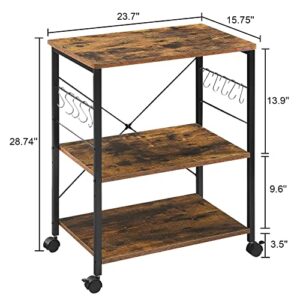 Mr IRONSTONE Baker's Rack, Kitchen Microwave Cart, Coffee Bar Table Station, 3-Tier Kitchen Utility Storage Shelf with Rolling Wheels Coffee Cart Kitchen Microwave Stand with 10 Hooks, Rustic Brown