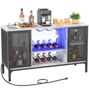 homieasy wine bar cabinet with led lights and power outlets, industrial coffee bar cabinet for liquor and glasses, farmhouse bar cabinet with removable wine racks, light oak