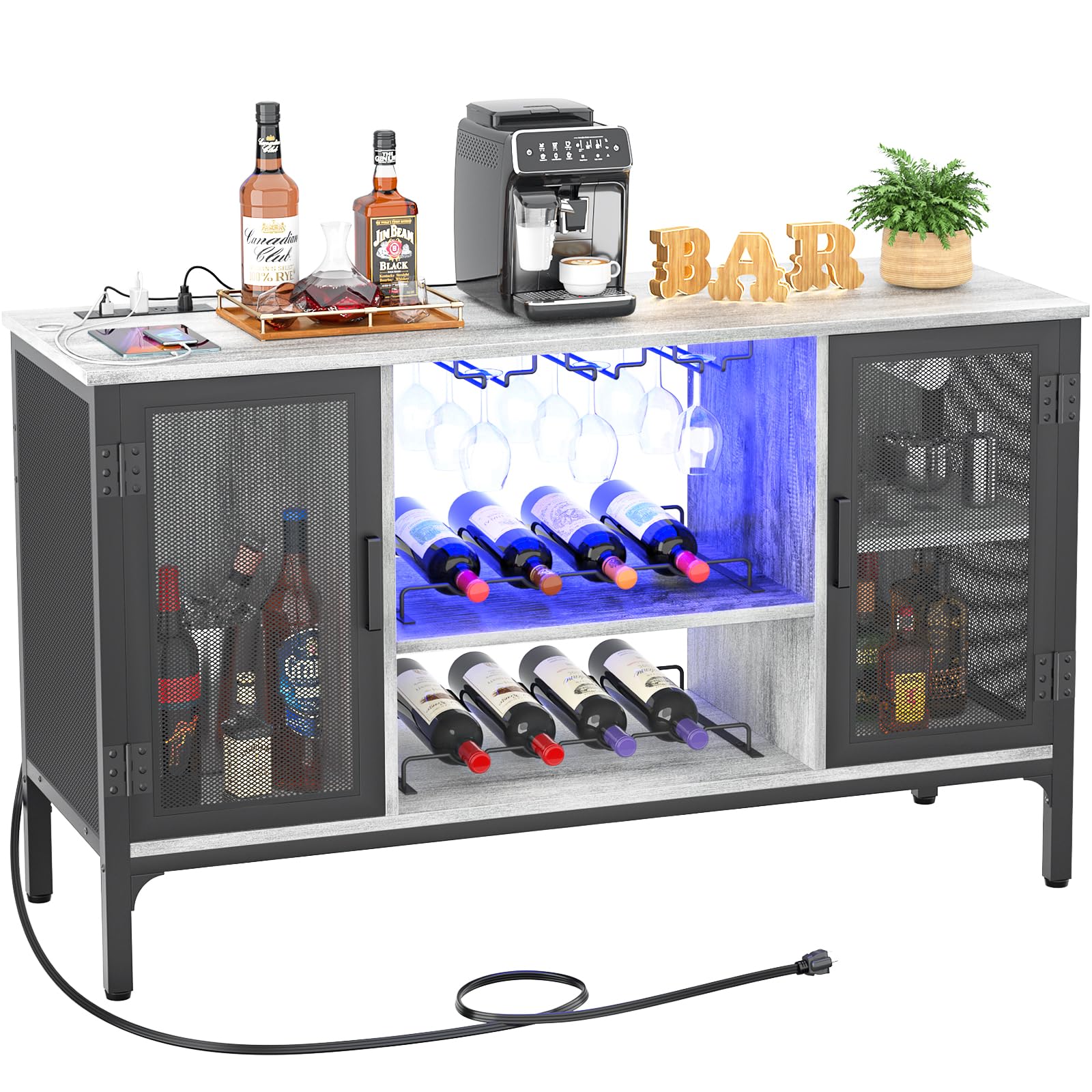 Homieasy Wine Bar Cabinet with Led Lights and Power Outlets, Industrial Coffee Bar Cabinet for Liquor and Glasses, Farmhouse Bar Cabinet with Removable Wine Racks, Light Oak