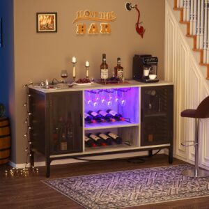 Homieasy Wine Bar Cabinet with Led Lights and Power Outlets, Industrial Coffee Bar Cabinet for Liquor and Glasses, Farmhouse Bar Cabinet with Removable Wine Racks, Light Oak