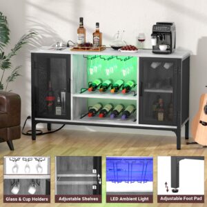 Homieasy Wine Bar Cabinet with Led Lights and Power Outlets, Industrial Coffee Bar Cabinet for Liquor and Glasses, Farmhouse Bar Cabinet with Removable Wine Racks, Light Oak