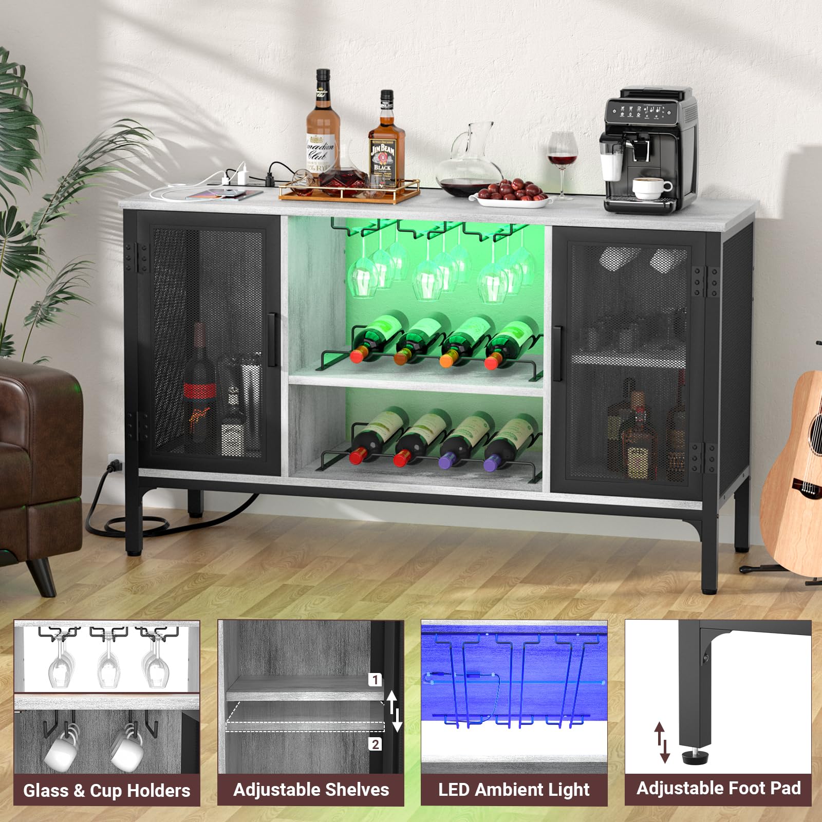 Homieasy Wine Bar Cabinet with Led Lights and Power Outlets, Industrial Coffee Bar Cabinet for Liquor and Glasses, Farmhouse Bar Cabinet with Removable Wine Racks, Light Oak