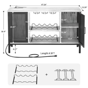 Homieasy Wine Bar Cabinet with Led Lights and Power Outlets, Industrial Coffee Bar Cabinet for Liquor and Glasses, Farmhouse Bar Cabinet with Removable Wine Racks, Light Oak