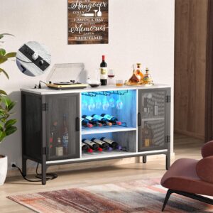 Homieasy Wine Bar Cabinet with Led Lights and Power Outlets, Industrial Coffee Bar Cabinet for Liquor and Glasses, Farmhouse Bar Cabinet with Removable Wine Racks, Light Oak