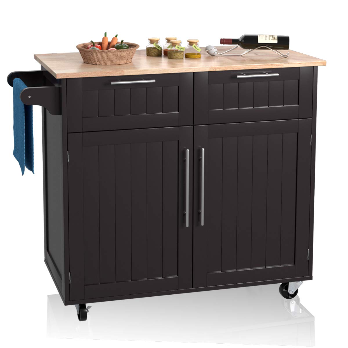 Giantex Kitchen Island Cart Rolling Storage Trolley Cart Farmhouse Islands Home Coffee Bar Serving Utility Cart with Drawers,Cabinet, Towel Rack and Wood Top