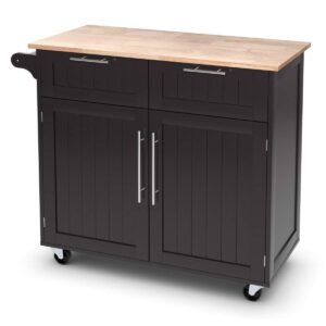 Giantex Kitchen Island Cart Rolling Storage Trolley Cart Farmhouse Islands Home Coffee Bar Serving Utility Cart with Drawers,Cabinet, Towel Rack and Wood Top