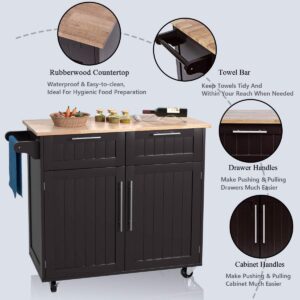 Giantex Kitchen Island Cart Rolling Storage Trolley Cart Farmhouse Islands Home Coffee Bar Serving Utility Cart with Drawers,Cabinet, Towel Rack and Wood Top