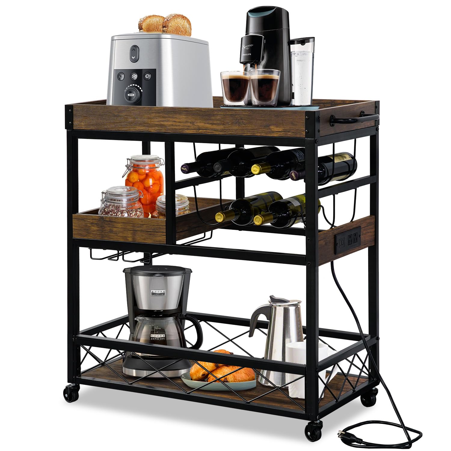 Ohsuaniy Bar Cart with Power Outlet, Industrial Kitchen Serving Cart with Wine Rack & Glass Holder, Coffee Bar Table Station with Storage, Rolling Cart on Wheels with 59IN Cord, Brown