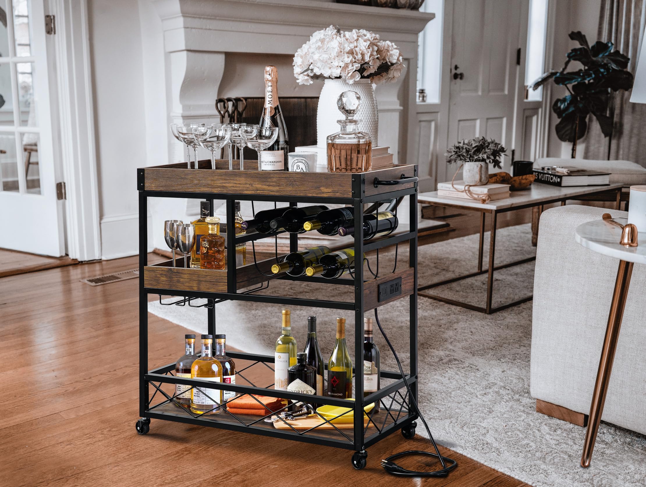 Ohsuaniy Bar Cart with Power Outlet, Industrial Kitchen Serving Cart with Wine Rack & Glass Holder, Coffee Bar Table Station with Storage, Rolling Cart on Wheels with 59IN Cord, Brown