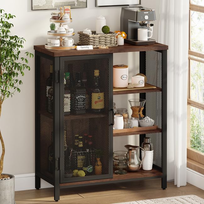 BON AUGURE Coffee Bar Cabinet for Home Liquor, Small Storage Cabinet for Kitchen and Entryway, Farmhouse Industrial Buffet Sideboard with Adjustable Shelves (Rustic Oak)