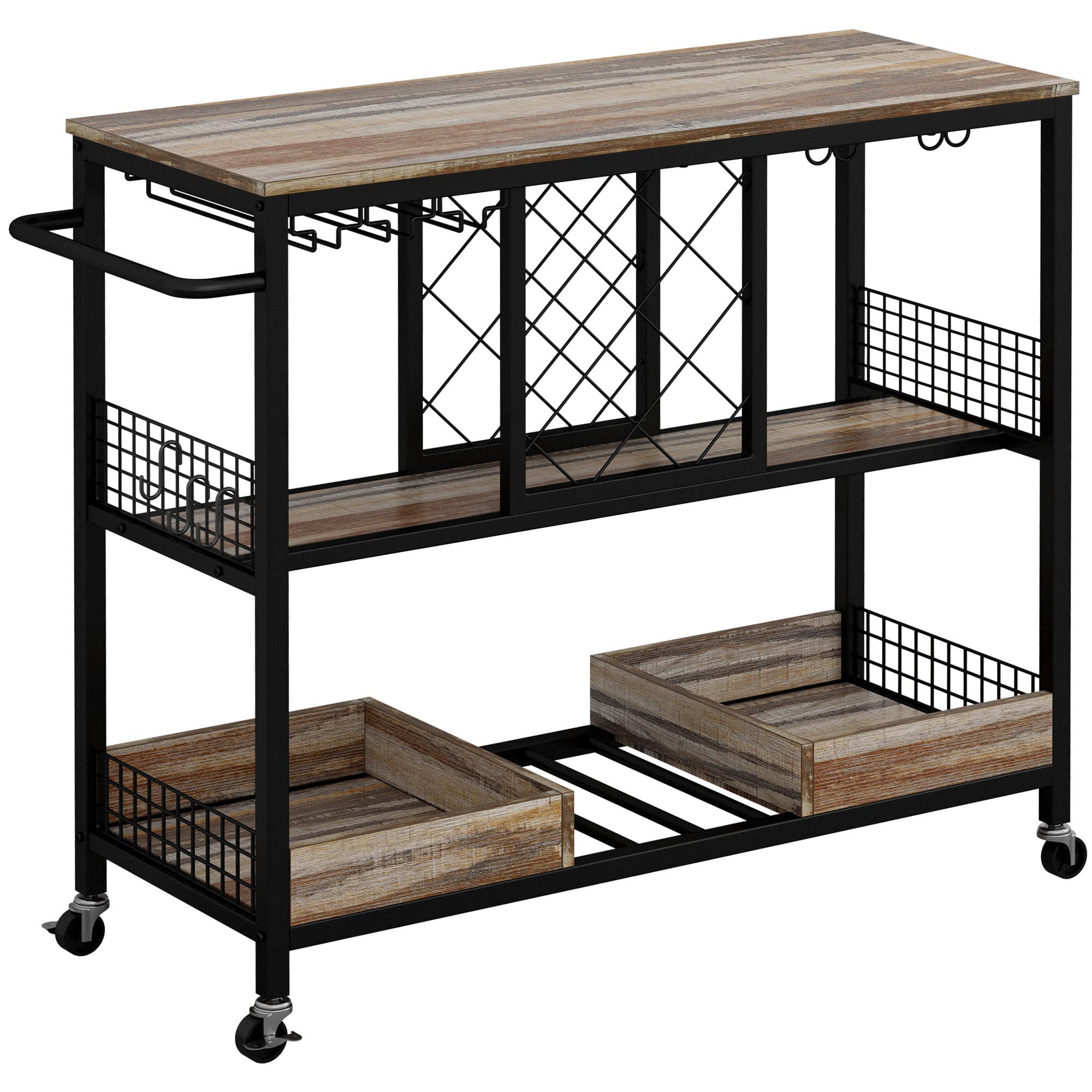 IRONCK Bar Cart, Industrial Serving Cart on Wheels Kitchen Storage Cart for The Home Wood and Metal Frame, Rustic Brown