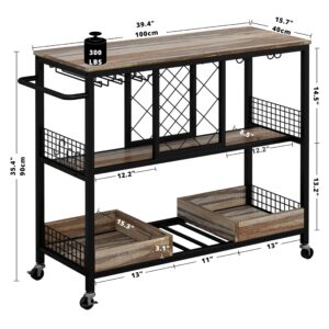 IRONCK Bar Cart, Industrial Serving Cart on Wheels Kitchen Storage Cart for The Home Wood and Metal Frame, Rustic Brown