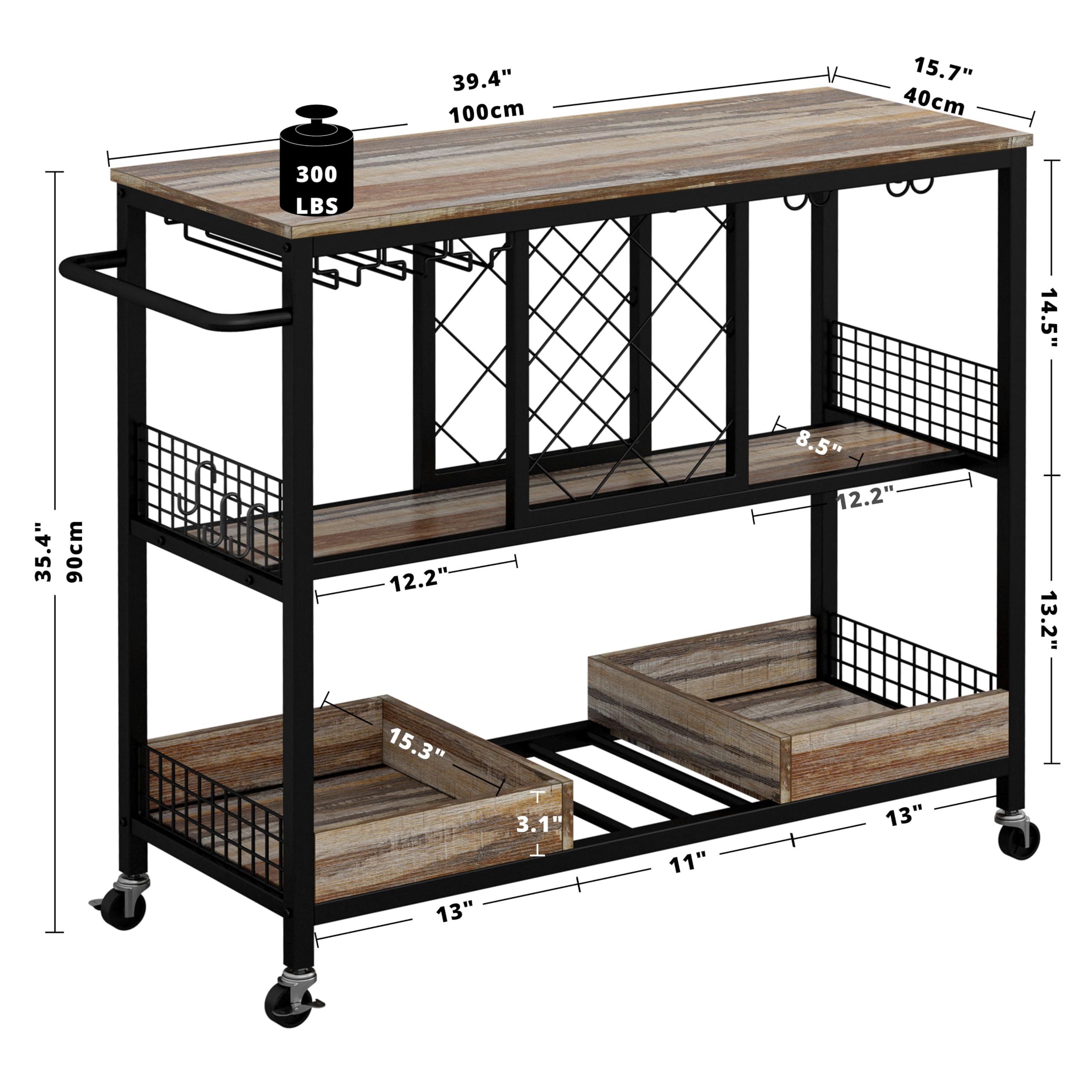 IRONCK Bar Cart, Industrial Serving Cart on Wheels Kitchen Storage Cart for The Home Wood and Metal Frame, Rustic Brown