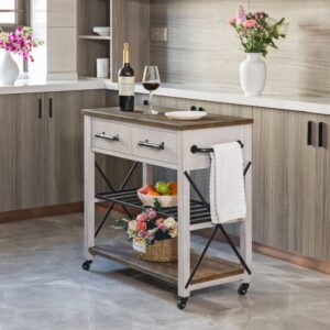 firstime & co. off-white and brown aurora kitchen cart, coffee bar and microwave stand, island on wheels with storage, wood and metal, farmhouse, 31.5 inches