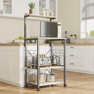 Bestier Bakers Rack, 4-Tier Microwave Stand Coffee Bar Table on Wheels, Utility Storage Rack with Sliding Shelf & 10 Side Hooks for Kitchen, Living Room, Dining Room, Oak