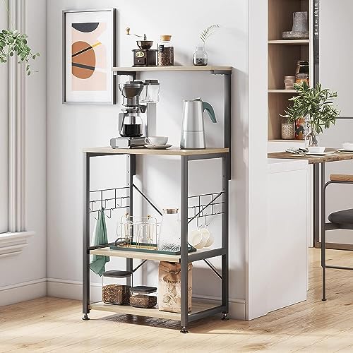 Bestier Bakers Rack, 4-Tier Microwave Stand Coffee Bar Table on Wheels, Utility Storage Rack with Sliding Shelf & 10 Side Hooks for Kitchen, Living Room, Dining Room, Oak