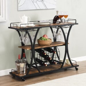 CALABASH Industrial Serving Bar Cart with Storage,3 Tier Shelf Wooden Metal Rustic Freestanding Floor Wine Coffee Rack,Modern Home Portable Mini Bar Liquor Cart (33.66")