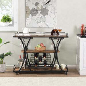 CALABASH Industrial Serving Bar Cart with Storage,3 Tier Shelf Wooden Metal Rustic Freestanding Floor Wine Coffee Rack,Modern Home Portable Mini Bar Liquor Cart (33.66")