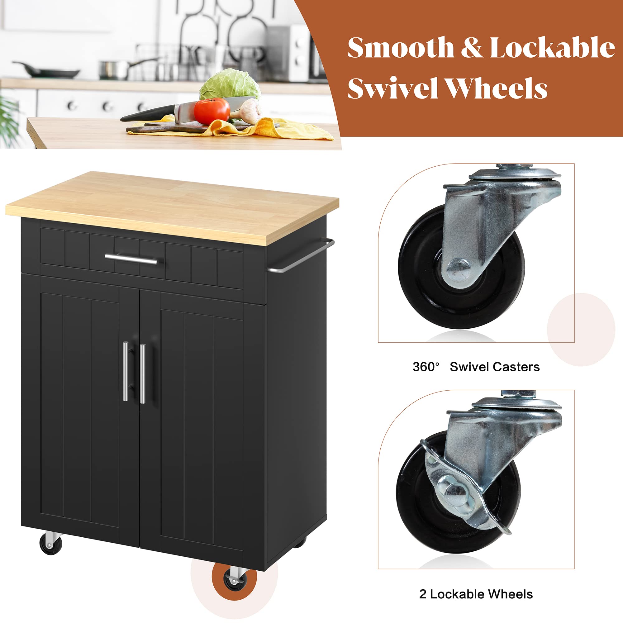 SUNLEI Kitchen Island on Wheels with Storage Cabinet & Drawer, 26" Width Rolling Kitchen Table, Cart Handle for Towel Rack or Free Mobility, Portable Islands for Kitchen, Dining Room(Black)