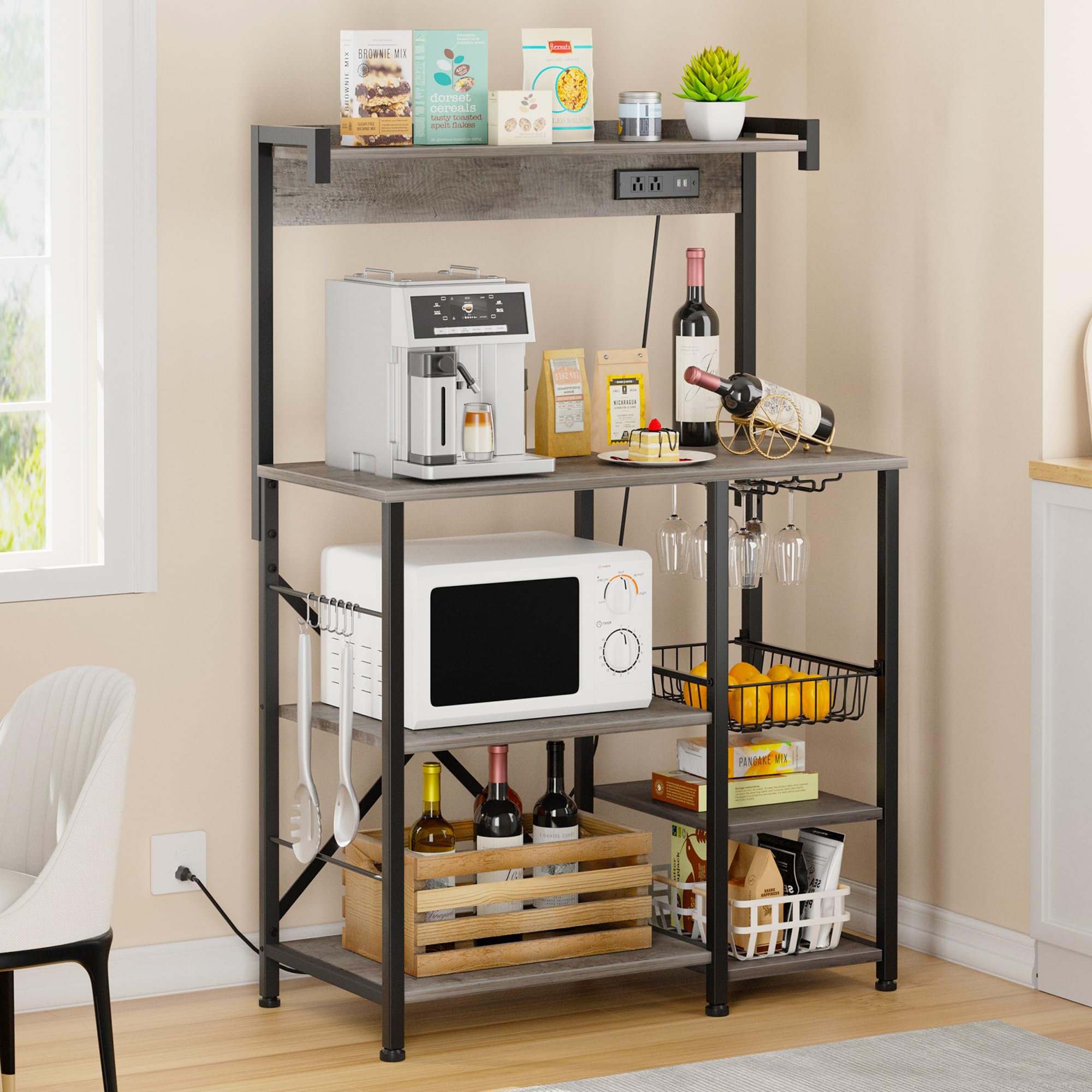 JAMFLY Kitchen Bakers Rack with Power Outlet, Coffee Bar Cabinet, Kitchen Cart, Large Microwave Stands Cart with 6 S-Shaped Hooks, Wine Glass Holder and Basket (Grey)