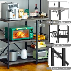 JAMFLY Kitchen Bakers Rack with Power Outlet, Coffee Bar Cabinet, Kitchen Cart, Large Microwave Stands Cart with 6 S-Shaped Hooks, Wine Glass Holder and Basket (Grey)