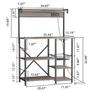 JAMFLY Kitchen Bakers Rack with Power Outlet, Coffee Bar Cabinet, Kitchen Cart, Large Microwave Stands Cart with 6 S-Shaped Hooks, Wine Glass Holder and Basket (Grey)