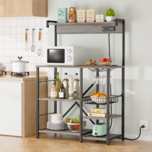 JAMFLY Kitchen Bakers Rack with Power Outlet, Coffee Bar Cabinet, Kitchen Cart, Large Microwave Stands Cart with 6 S-Shaped Hooks, Wine Glass Holder and Basket (Grey)