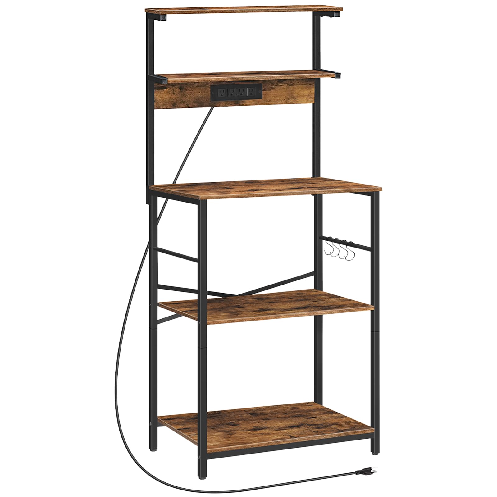 HOOBRO Bakers Rack with Power Outlet, 5-Tiers Microwave Stand with Storage, Kitchen Rack Storage Shelf with 4 S-Shaped Hooks, Coffee Bar, for Kitchen, Living Room, Rustic Brown and Black BF12UHB01