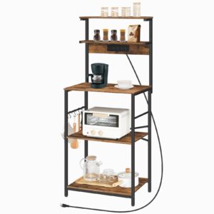 HOOBRO Bakers Rack with Power Outlet, 5-Tiers Microwave Stand with Storage, Kitchen Rack Storage Shelf with 4 S-Shaped Hooks, Coffee Bar, for Kitchen, Living Room, Rustic Brown and Black BF12UHB01