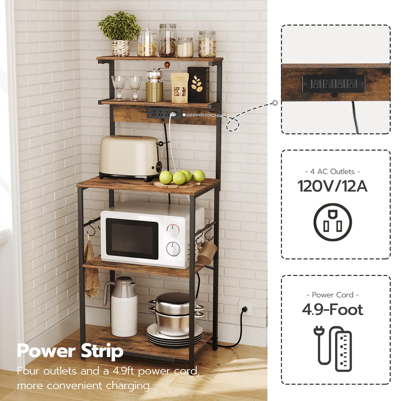 HOOBRO Bakers Rack with Power Outlet, 5-Tiers Microwave Stand with Storage, Kitchen Rack Storage Shelf with 4 S-Shaped Hooks, Coffee Bar, for Kitchen, Living Room, Rustic Brown and Black BF12UHB01