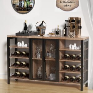 cozy eagle industrial wine bar cabinet, coffee bar table with storage & rack for liquor and glasses for home kitchen, dining room, 55.2 inch rustic oak