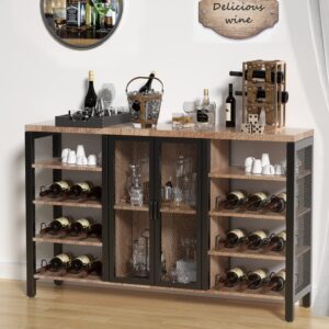 COZY EAGLE Industrial Wine Bar Cabinet, Coffee Bar Table with Storage & Rack for Liquor and Glasses for Home kitchen, Dining Room, 55.2 Inch Rustic Oak