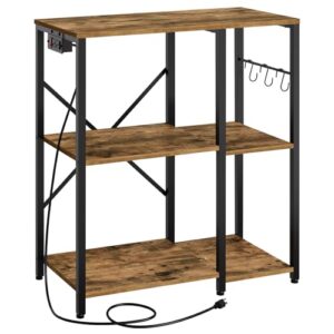 YATINEY Bakers Rack with Power Outlet, 3-Tier Microwave Stand, Multifunctional Coffee Bar, Kitchen Storage Rack with Hooks, for Kitchen, Dining Room, Living Room, Rustic Brown and Black HB01BR