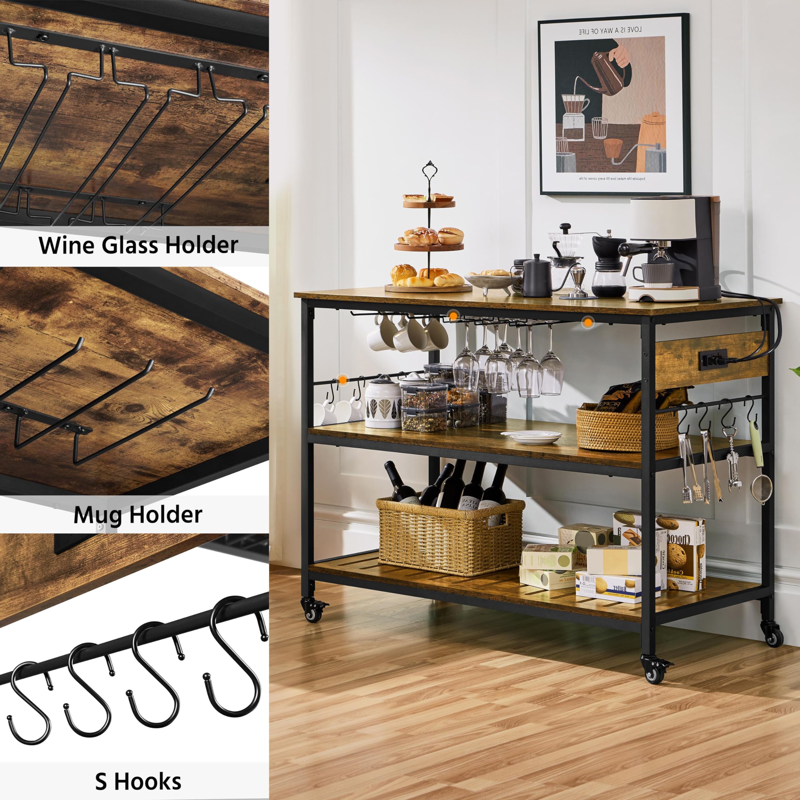 Yaheetech Kitchen Island with Power Outlet, Rolling Kitchen Cart with Wine Rack & Glass Holder & Hooks, Coffee Bar Microwave Stand Wine Rack Table for Dining Room, 47.5" W x 24" D, Rustic Brown